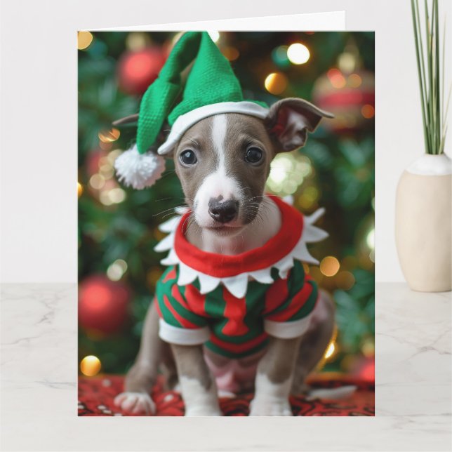 Tarjeta de Navidades de uppy Elf Whippet (Anverso)