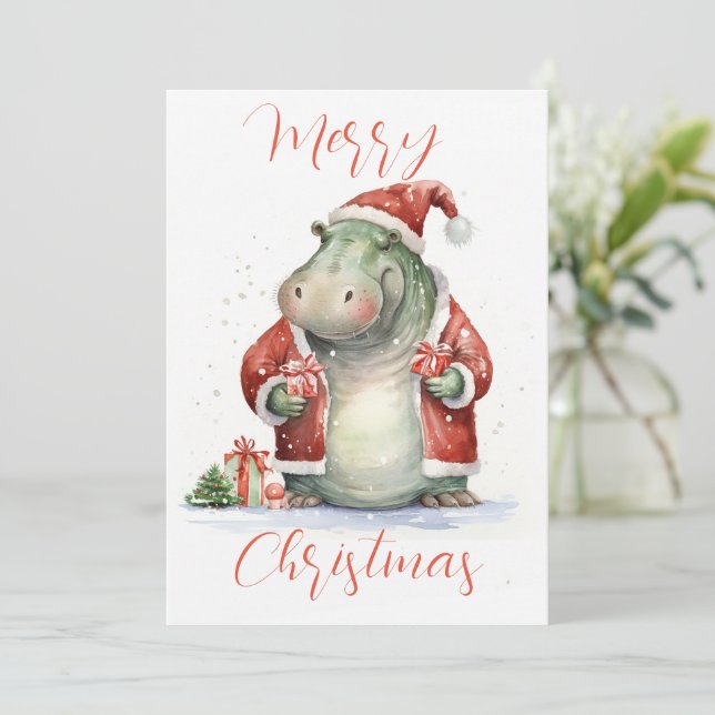 Tarjeta de Navidades de vacaciones Hippo Hooray (Anverso de pie)