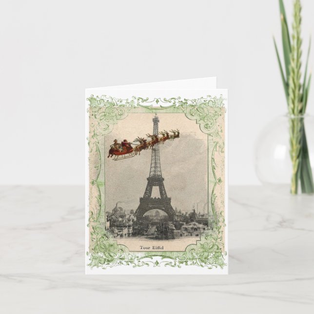 Tarjeta de Navidades de Vintage Santa sobre París (Anverso)