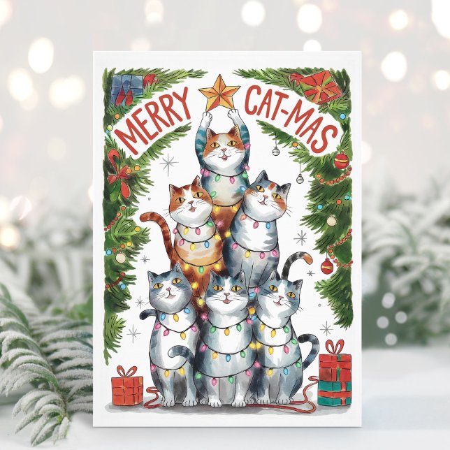 Tarjeta de Navidades de Watercolor Funny Merry Cat (Funny Cats Christmas Card)