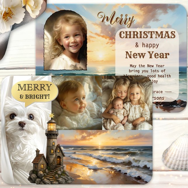 Tarjeta de Navidades del Collage de fotos del faro (Unique vintage Christmas Holidays card featuring your custom photos with a beach and lighthouse)
