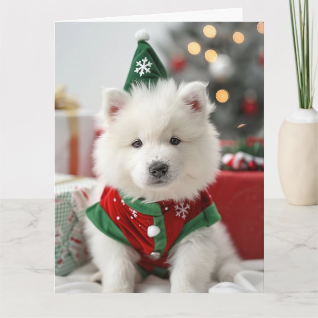 Tarjeta de Navidades del elfo de Samoyed (Anverso)