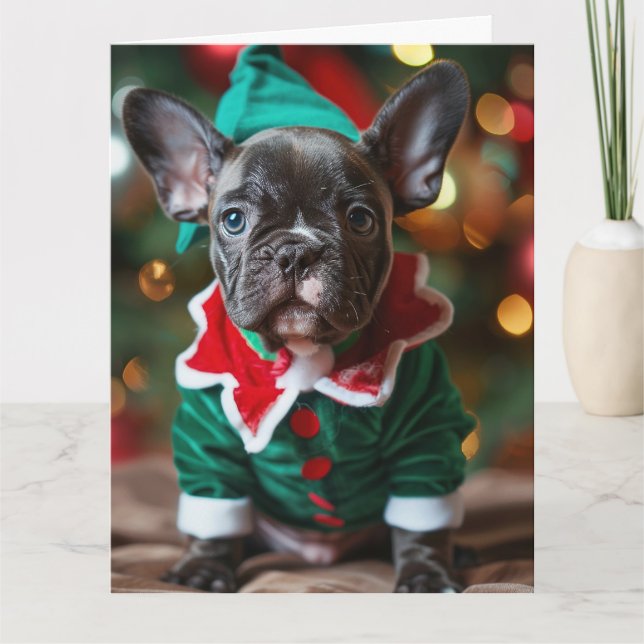 Tarjeta de Navidades del elfo del Bulldog francés (Anverso)