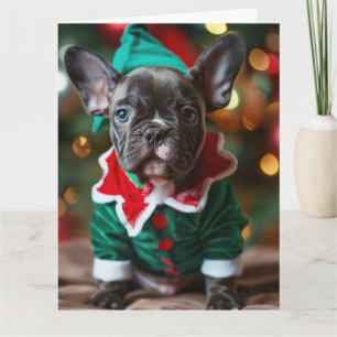 Tarjeta de Navidades del elfo del Bulldog francés