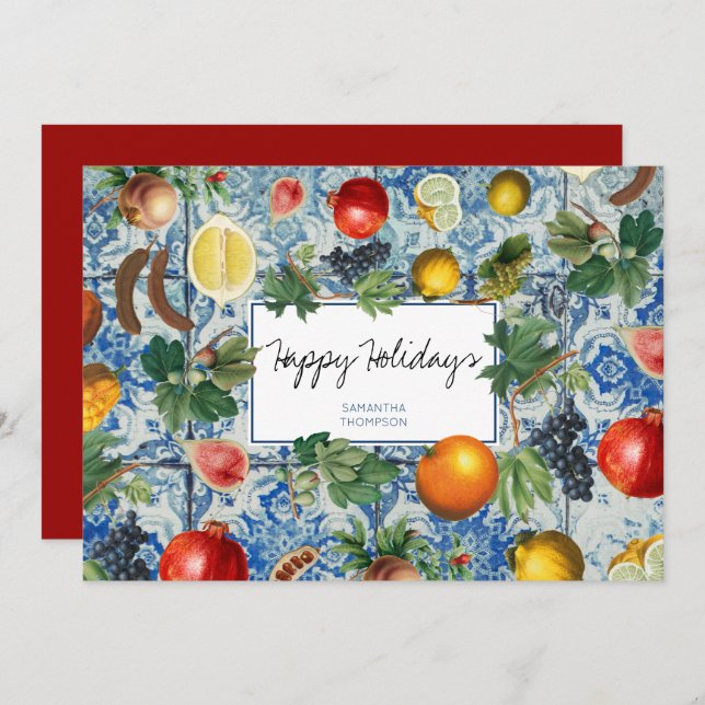 Tarjeta de Navidades del Mosaico Azul Fruta Medite (Anverso / Reverso)