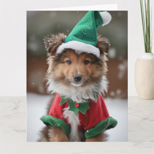Tarjeta de Navidades del perro pastor Elf Puppy de (Anverso)