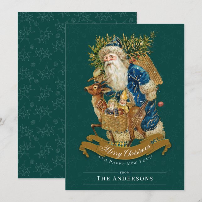 Tarjeta de Navidades del Personalizado Verde Vinta (Anverso / Reverso)