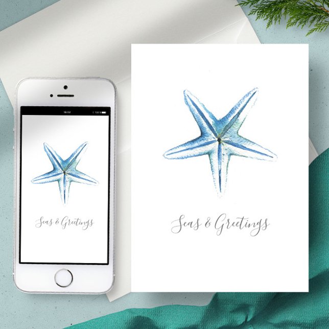 Tarjeta de Navidades del Personalizado Watercolor  (Digital Christmas Cards Beach Starfish sea star blue
)