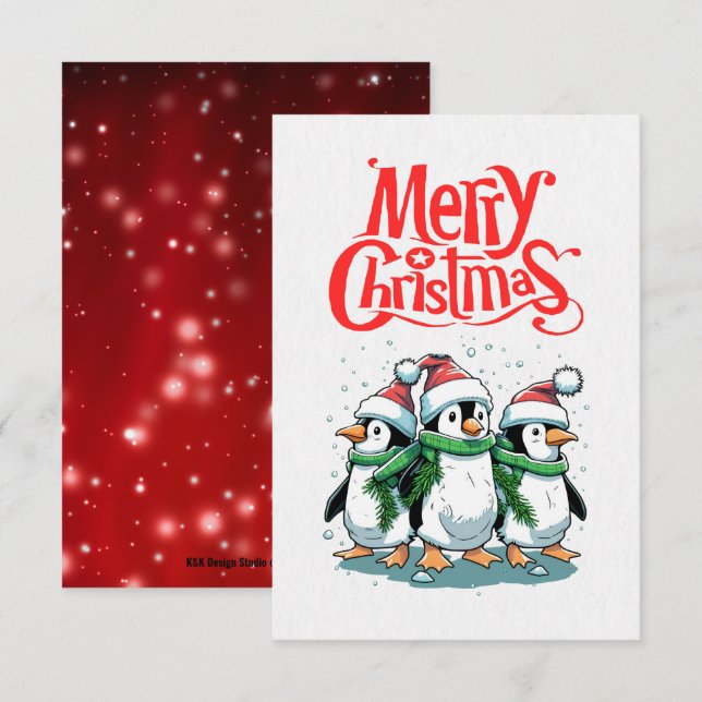 Tarjeta de Navidades del pingüino navideño (Anverso / Reverso)