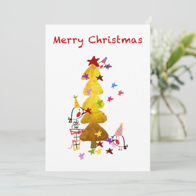 Tarjeta de Navidades Doodle Robins Golden Tree (Anverso de pie)