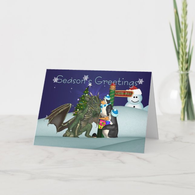 Tarjeta de Navidades Dragón y Pingüino, saludo de  (Anverso)