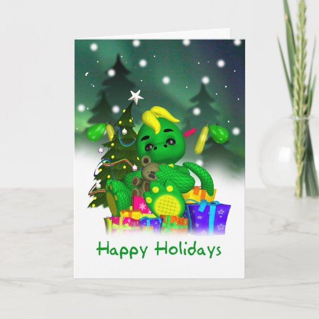Tarjeta de Navidades Dragones - Dragón verde lindo (Anverso)