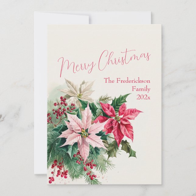 Tarjeta de Navidades Elegantes de Poinsettias Rosa (Anverso)