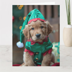 Tarjeta de Navidades Elf Puppy de Golden Retriever