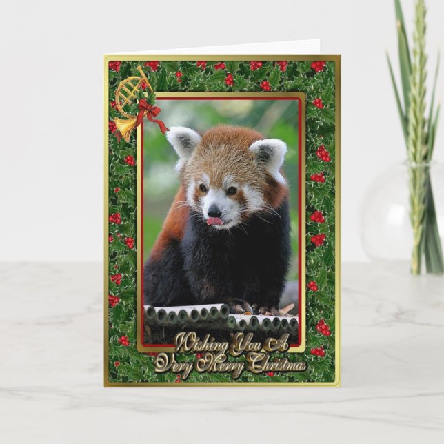 Tarjeta de Navidades en blanco animal rojo panda c (Anverso)