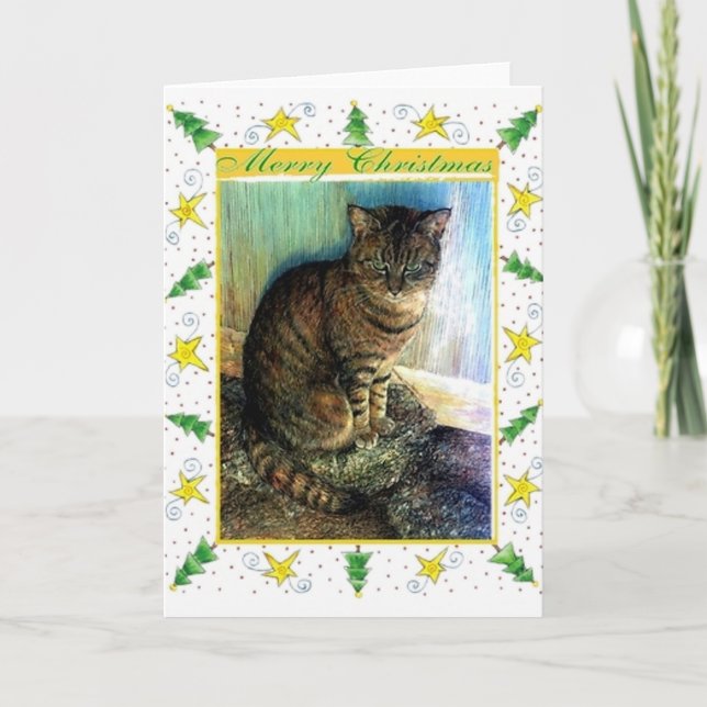 Tarjeta de Navidades en blanco para gatos de tabby (Anverso)