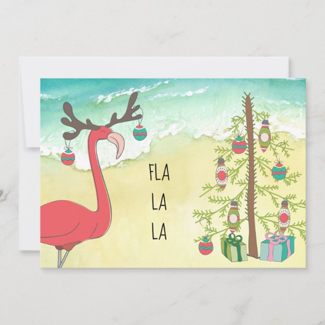 Tarjeta de Navidades Flamingo Beach Scene (Anverso)