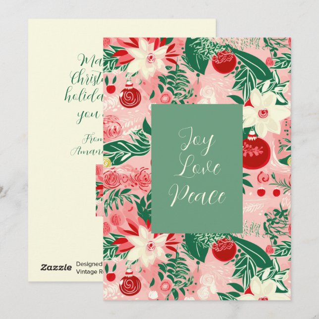 Tarjeta de Navidades Florales de Alegría Verde Ros (Anverso / Reverso)