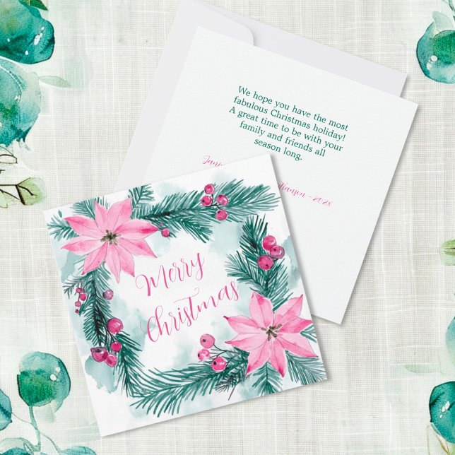 Tarjeta de Navidades florales de Poinsettias Rosa (Pink Poinsettias Floral Christmas Wreath flat card)