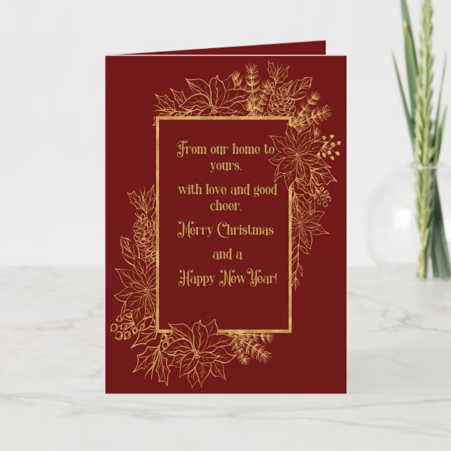 Tarjeta de Navidades Florales Rojo Y Oro (Anverso)