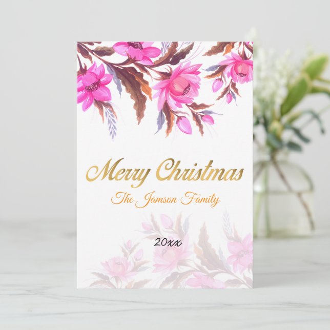 Tarjeta de Navidades florales rosados (Anverso de pie)