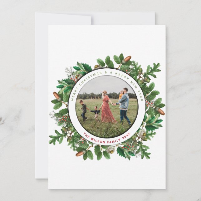 Tarjeta de Navidades fotográficos Acorn Wreath Fam (Anverso)