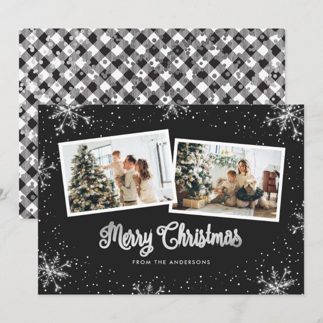 Tarjeta de Navidades fotográficos Black White Silv (Anverso / Reverso)