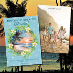 Tarjeta de Navidades fotográficos Blue Beach Water<br><div class="desc">Envíe saludos cálidos de vacaciones con esta tarjeta de Navidades con temática de Florida, mostrando una impresionante escena acuarela de un amanecer junto a la playa. Las vistas al océano captan la belleza de la costa de Florida, con palmeras que se balancean en la brisa y un pájaro que vuela...</div>