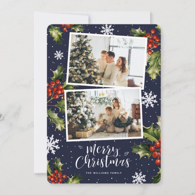 Tarjeta de Navidades fotográficos Blue Holly Berri (Anverso)