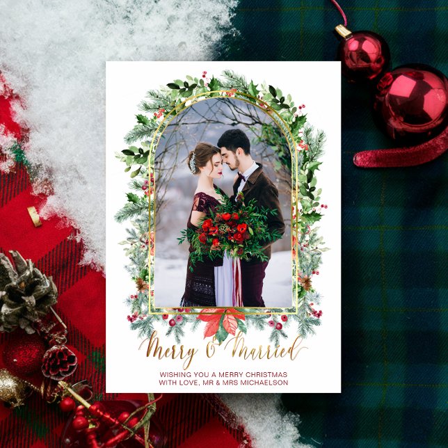 Tarjeta de Navidades fotográficos casados y merry  (Married and Merry Newlywed Photo Christmas Card)