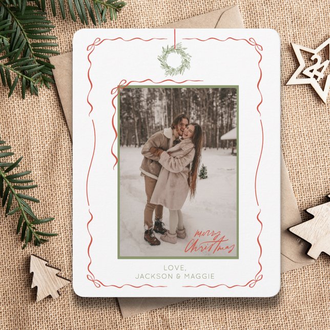 Tarjeta de Navidades fotográficos de arco rojo de  (Hand Drawn Wreath Red Bow Photo Christmas Card
)