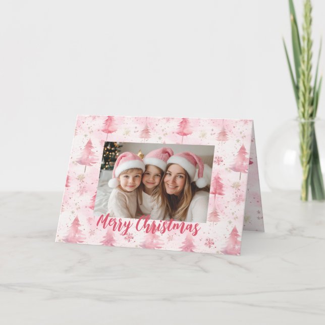 Tarjeta de Navidades fotográficos de pinos rosados (Anverso)