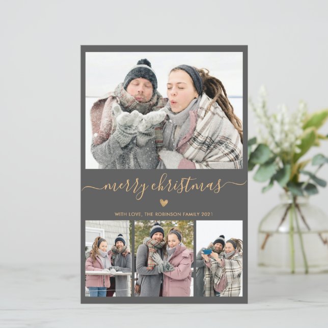 Tarjeta de Navidades fotográficos Gray Gold Mínimo (Anverso de pie)