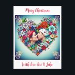 Tarjeta de Navidades fotográficos para nuevas pare<br><div class="desc">Bonito de fondo verde azulado con rosas rojas y flores coloridas estilo arte folclórico floral estilo corazón floral. Agregue una imagen de usted y su compañero en el área de personalización. Dulce carta romántica para Navidades.</div>