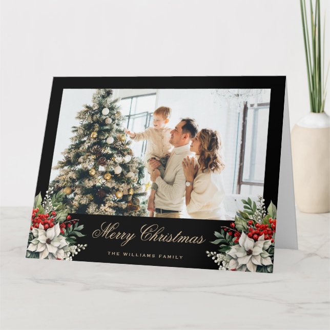 Tarjeta de Navidades fotográficos Poinsettia Holly (Anverso)