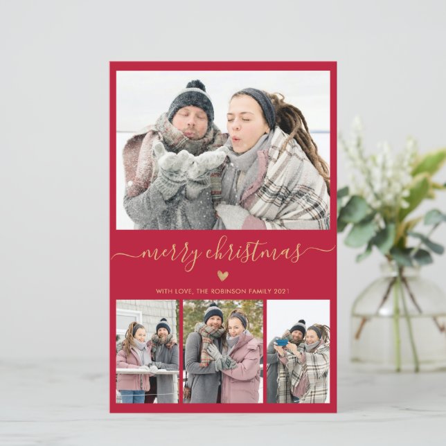 Tarjeta de Navidades fotográficos Red Gold de pres (Anverso de pie)