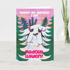 Tarjeta de Navidades galeses divertidos, pingüinos