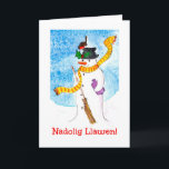 Tarjeta de Navidades galeses, hombre de nieve y Ro<br><div class="desc">Una tarjeta de Navidades divertidos con Navidades felices en galés y un robo que ha aterrizado en el gorra del hombre de nieve y está disfrutando de las bayas huecas. De un ilustracion caprichoso,  pintado a mano por Judy Adamson.</div>