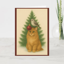 Tarjeta de navidades — Gato y pájaro junto al árbo
