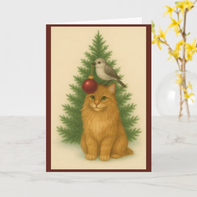 Tarjeta de navidades — Gato y pájaro junto al árbo (flor amarilla)