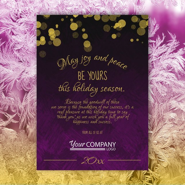 Tarjeta de Navidades Gold, Black, Violet Company (dark plum purple violet gold shimmer lights gold script text company holiday christmas cards w/logo)