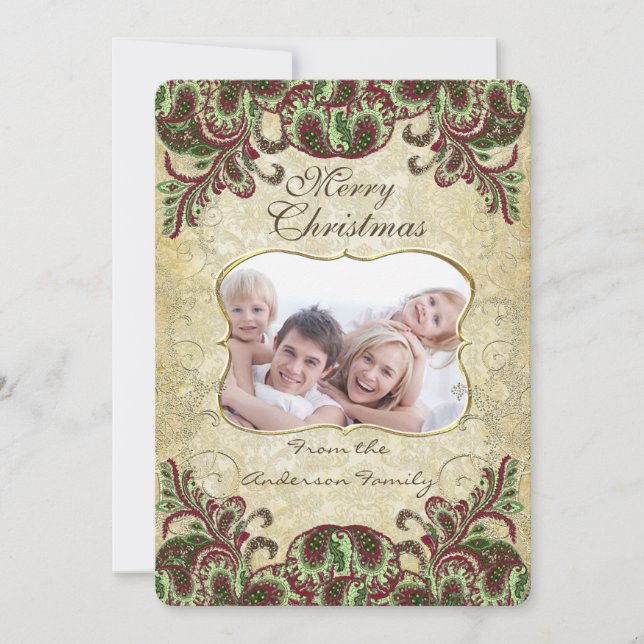 Tarjeta de Navidades Green Peacock y de vino fotog (Anverso)