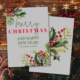 Tarjeta de Navidades grises Holly and Pine Red Ber