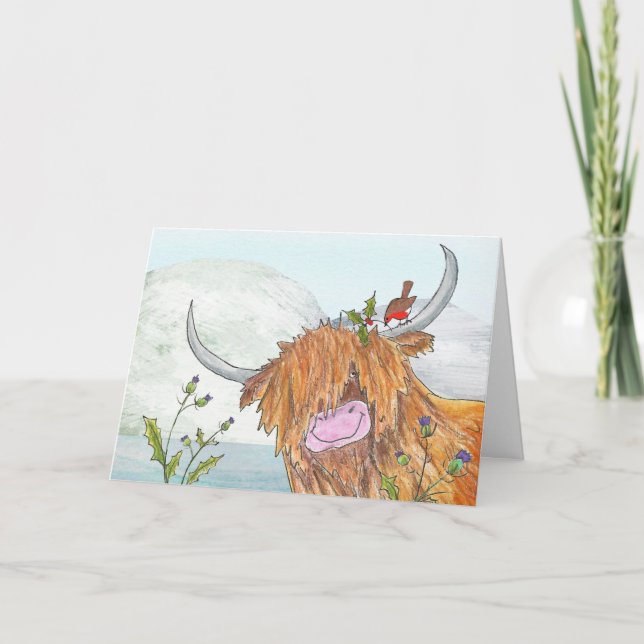 Tarjeta de Navidades Highland coo y robin (Anverso)