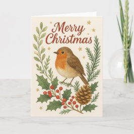 Tarjeta de Navidades Holly y Pine Robin