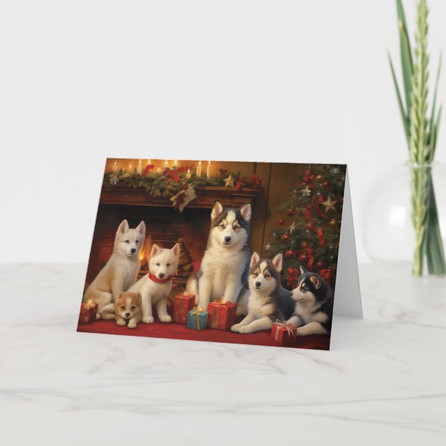 Tarjeta de Navidades Husky Siberiano (Anverso)