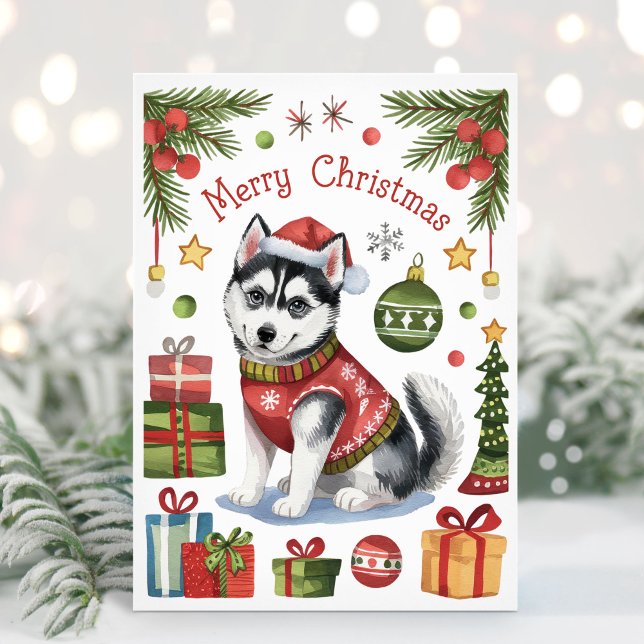 Tarjeta de Navidades Husky Siberiano Watercolor (Siberian Husky Christmas Card)