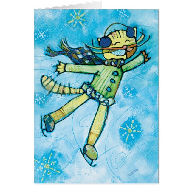 Tarjeta de Navidades Ice Skating Cat Illustrated (Frente)