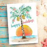 Tarjeta de Navidades Island Holiday Tropical Beach<br><div class="desc">La tarjeta de Navidades planos,  temática tropical de playa,  cuenta con una isla al sol con una palmera decorada con lámparas de cuerda y adornos y un saludo de "felices fiestas". Arte por KL Stock</div>