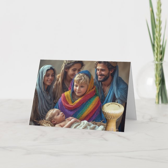 Tarjeta de Navidades LGBTQIA+ pequeño chico tambor (Anverso)